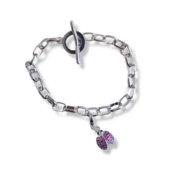 925 Silver Micro-pavé Round Rhodolite Garnet Ladybug Charm Bracelet 8" - Picture 1 of 4